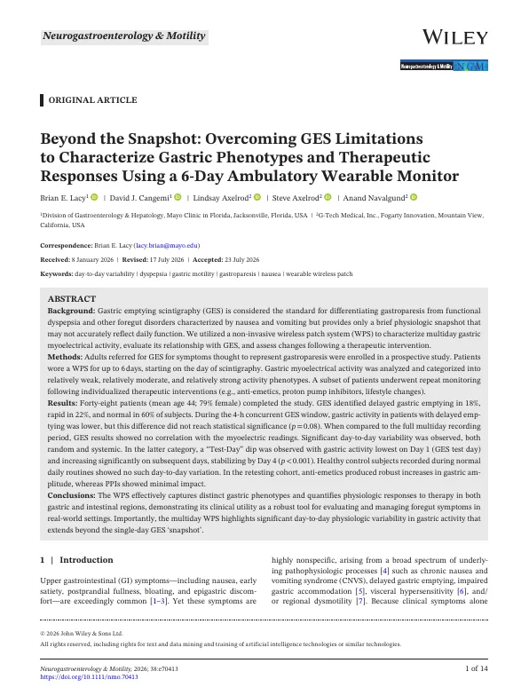 Front page of the published study in Neurogastroenterology and Motility. Opens the paper at the publisher.