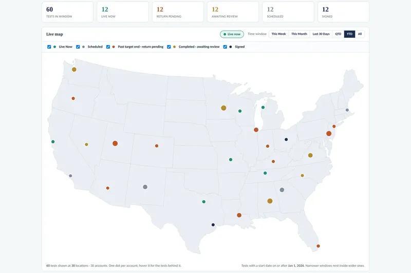 The national live operations map with pins for demonstration practices, each colored by study status: recording, scheduled, past target, awaiting review, or signed.