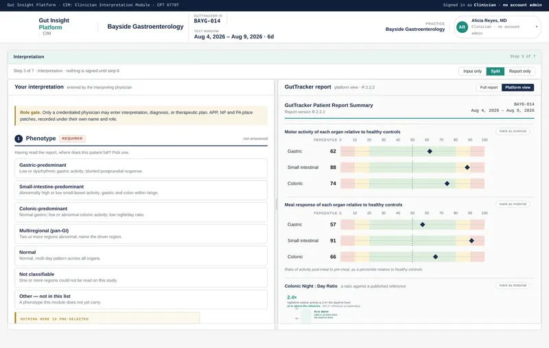 The interpretation workspace in split view: structured entry for phenotype, findings, plan and signature on the left, the platform's reading of the report on the right.