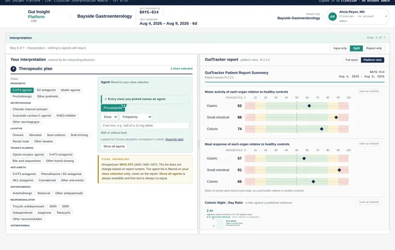 The therapeutic plan step: therapeutic classes grouped per WHO ATC, agents filtered to the selected classes, label-sourced dosing, and honesty checks for unfinished or off-label decisions.