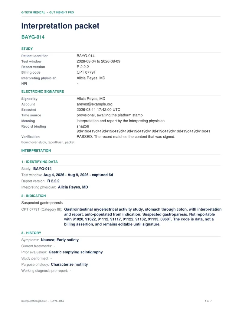 Specimen interpretation packet page one: patient identity and the physician electronic signature block with a cryptographic record binding.